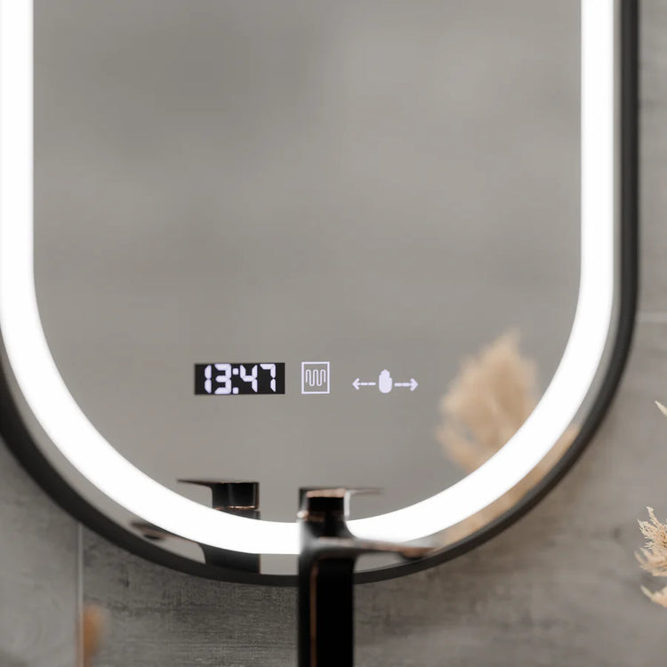 Oglinda LED Senzor Helmut Sistem Dezaburire, Ceas si Temperatura 50x80 cm Rama Negru Brushed Marcello Funghi