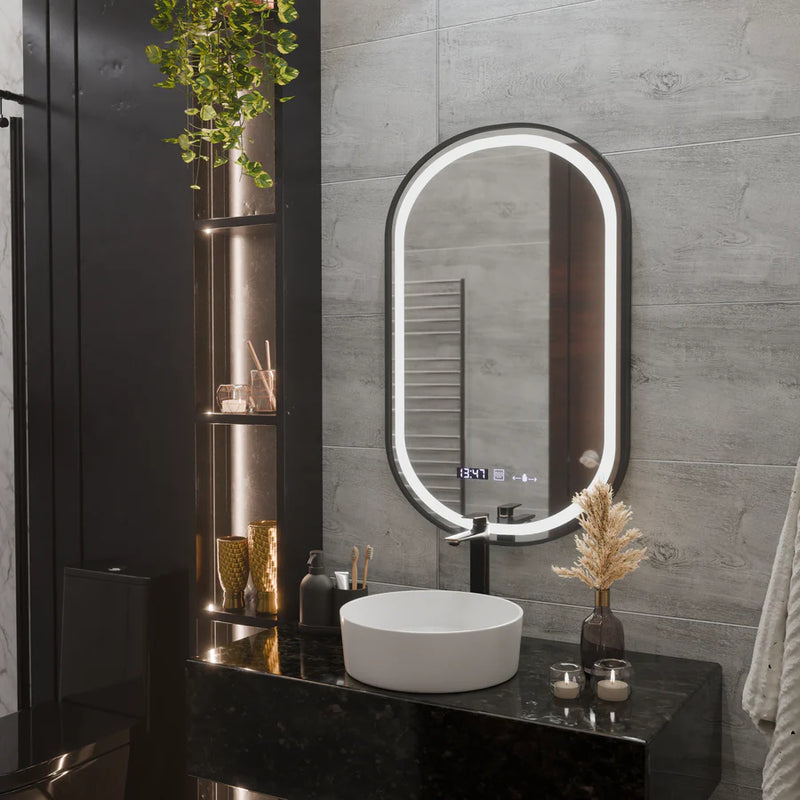 Oglinda LED Touch Helmut Sistem Dezaburire, Ceas si Temperatura 50x90 cm Rama Negru Brushed Marcello Funghi-3