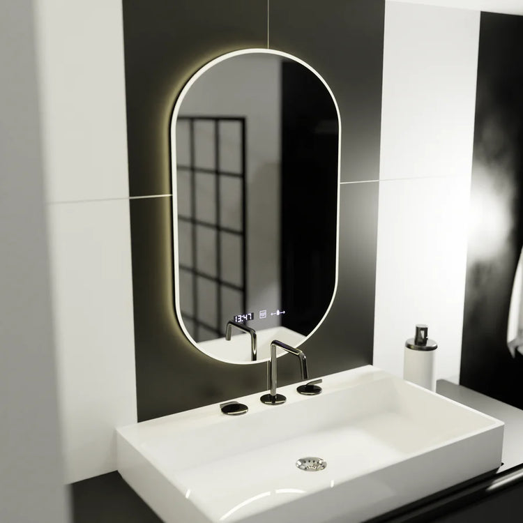 Oglinda LED Ovala, 50x100cm, Lucia Senzor Marcello, Sistem Dezaburire, Ceas & Termometru, Dimabila