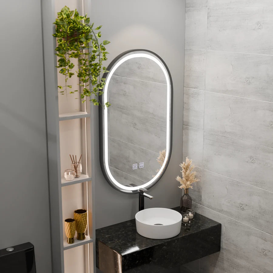 Oglinda LED Ovala 50x100cm VETRO Touch Sistem Dezaburire Dimabila, Rama Neagra