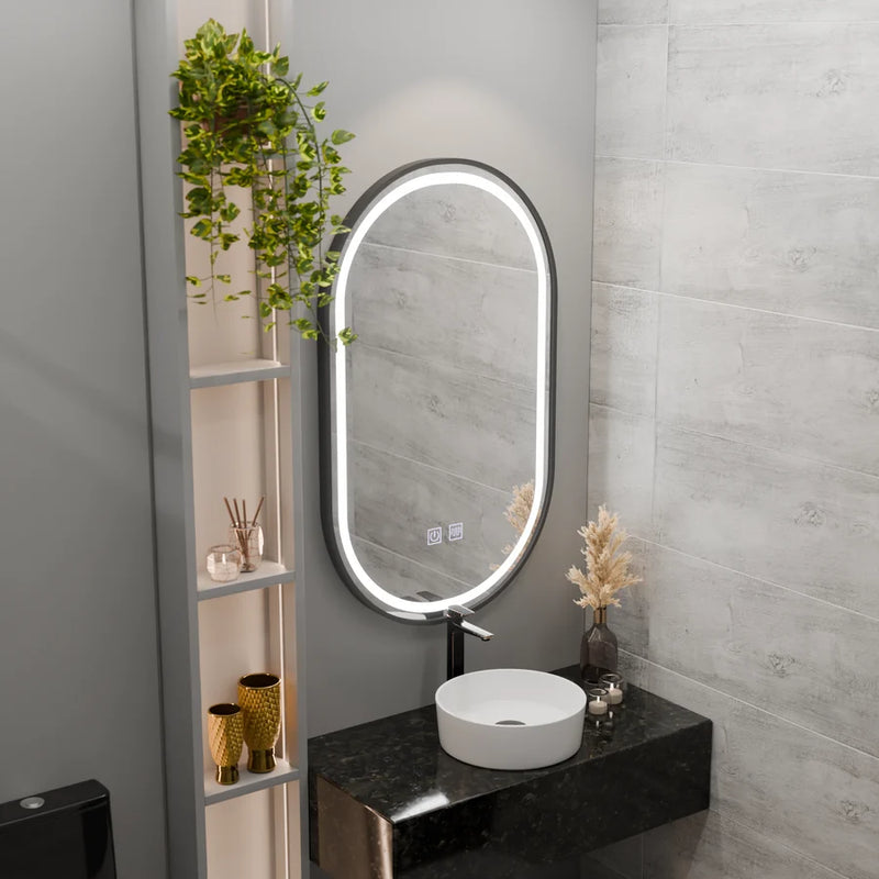 Oglinda LED Ovala 50x100cm VETRO Touch Sistem Dezaburire Dimabila, Rama Neagra-1