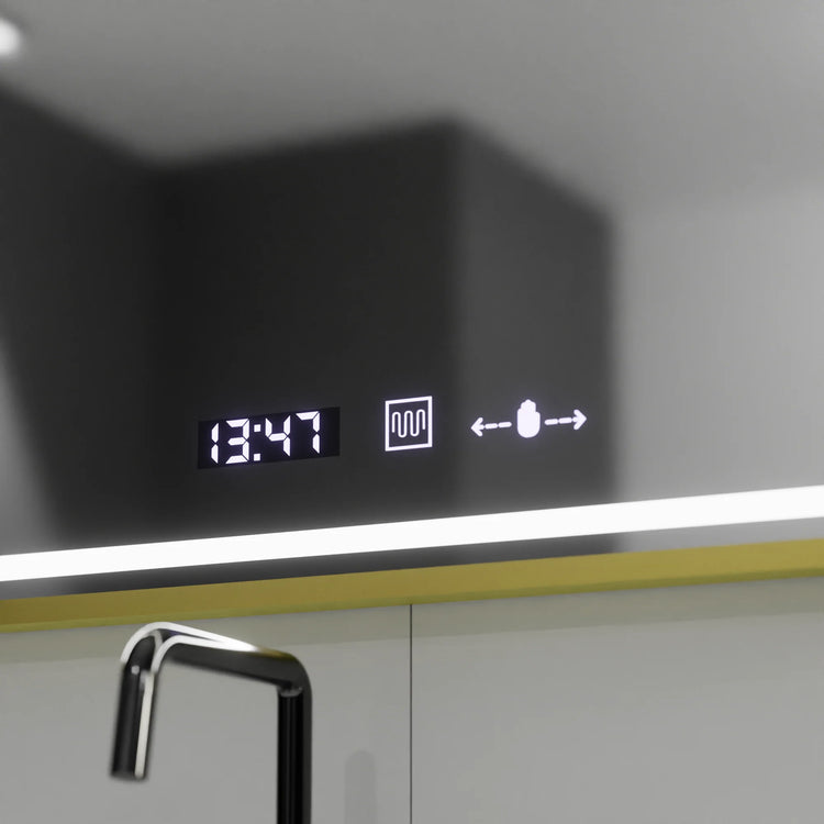 Oglinda LED Rectangulara, 80x60cm, Verite Royale Gold MotionGlow Marcello, Sistem Dezaburire, Ceas & Termometru, Dimabila