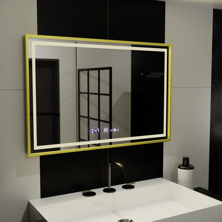 Oglinda LED Rectangulara, 100x65cm, Verite Royale Gold Motion Glow Marcello, Sistem Dezaburire, Ceas & Termometru, Dimabila
