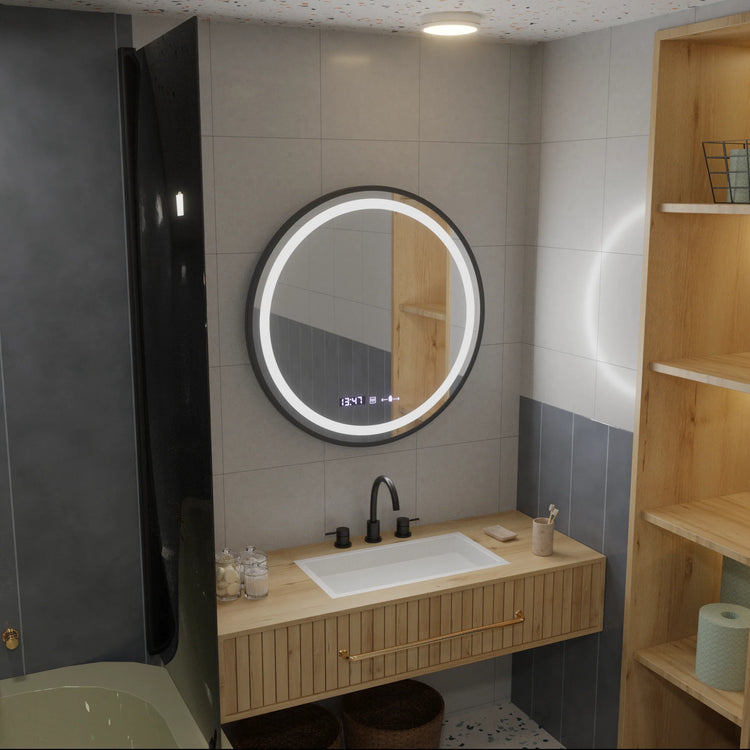 Oglinda LED Rotunda, 60cm, Celeste Majesté Noir MotionGlow Marcello, Sistem Dezaburire, Ceas & Termometru, Dimabila