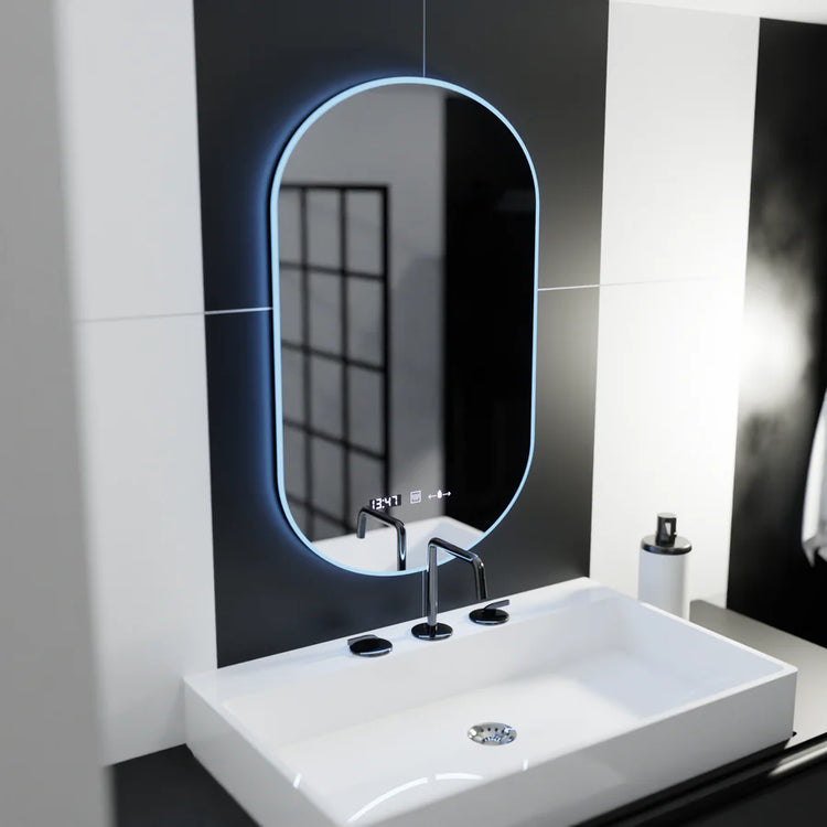 Oglinda LED Ovala, 50x100cm, Lucia Senzor Marcello, Sistem Dezaburire, Ceas & Termometru, Dimabila