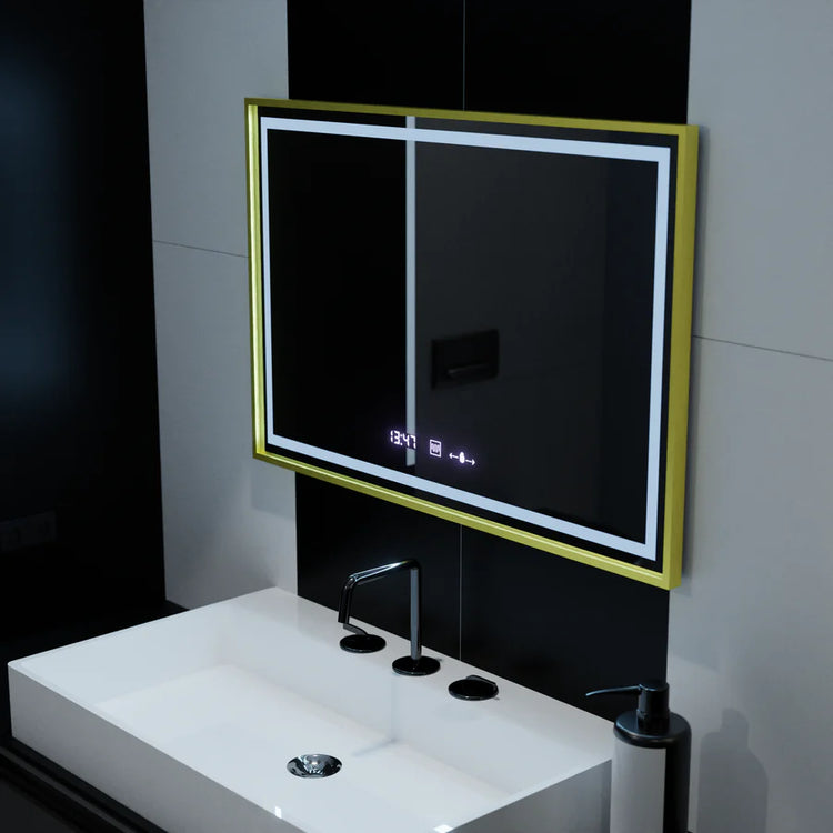 Oglinda LED Rectangulara, 120x80cm, Verite Royale Gold MotionGlow Marcello, Sistem Dezaburire, Ceas & Termometru, Dimabila