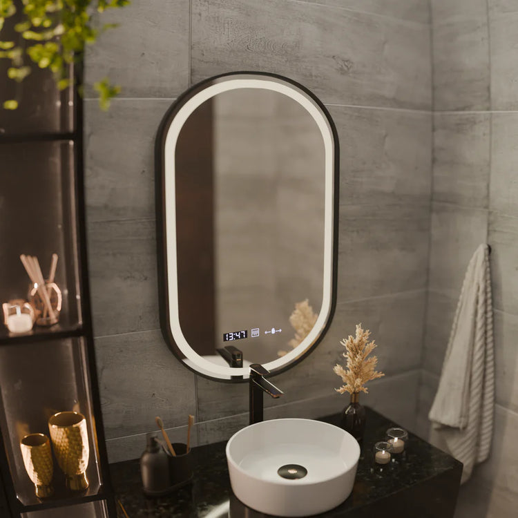 Oglinda LED Senzor Helmut Sistem Dezaburire, Ceas si Temperatura 50x80 cm Rama Negru Brushed Marcello Funghi