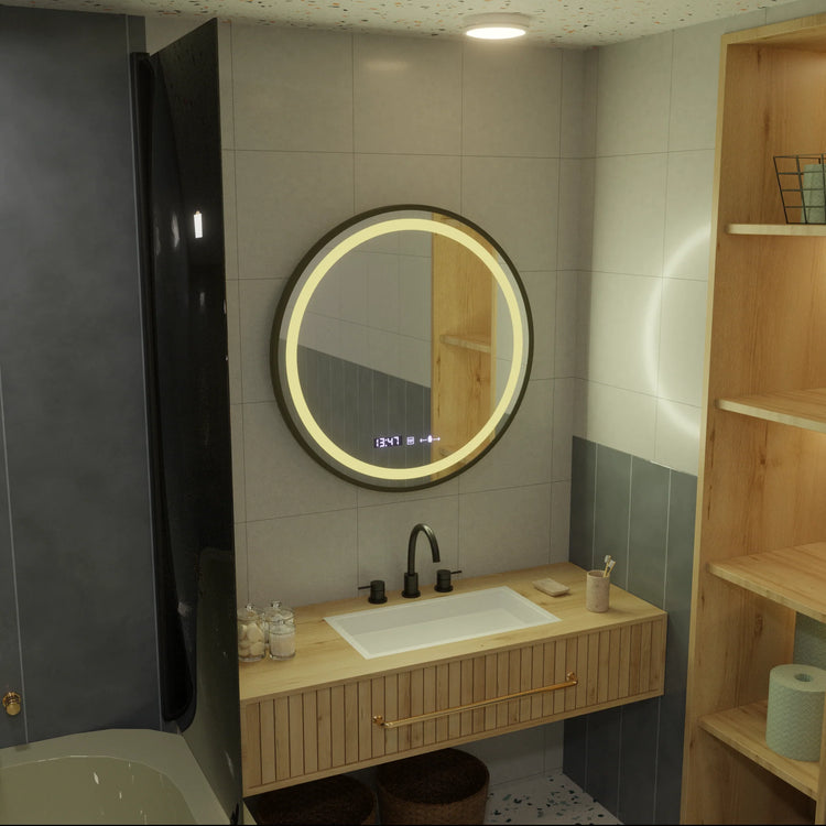 Oglinda LED Rotunda, 60cm, Celeste Majesté Noir MotionGlow Marcello, Sistem Dezaburire, Ceas & Termometru, Dimabila