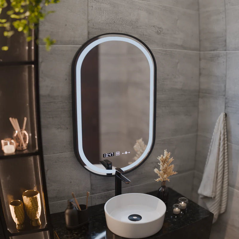 Oglinda LED Touch Helmut Sistem Dezaburire, Ceas si Temperatura 50x90 cm Rama Negru Brushed Marcello Funghi-6