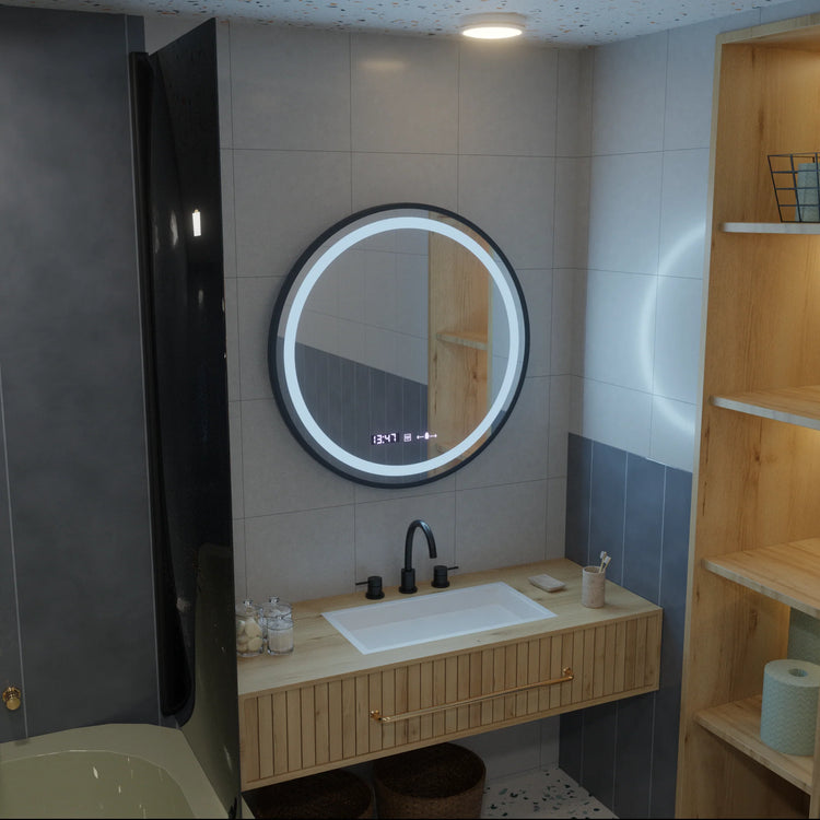 Oglinda LED Rotunda, 60cm, Celeste Majesté Noir MotionGlow Marcello, Sistem Dezaburire, Ceas & Termometru, Dimabila