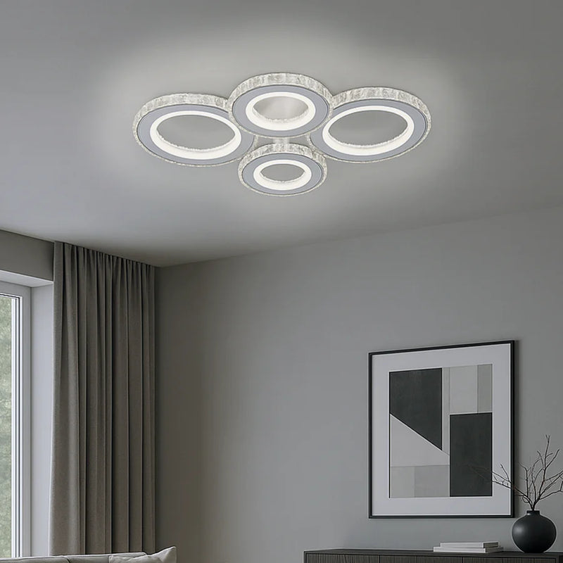 Lustra LED cu telecomanda si cristal NOVA ROTONDA RGB 82W, 4 Cercuri, lumina Rece/Calda/Neutra, Dimabila, Alb-2
