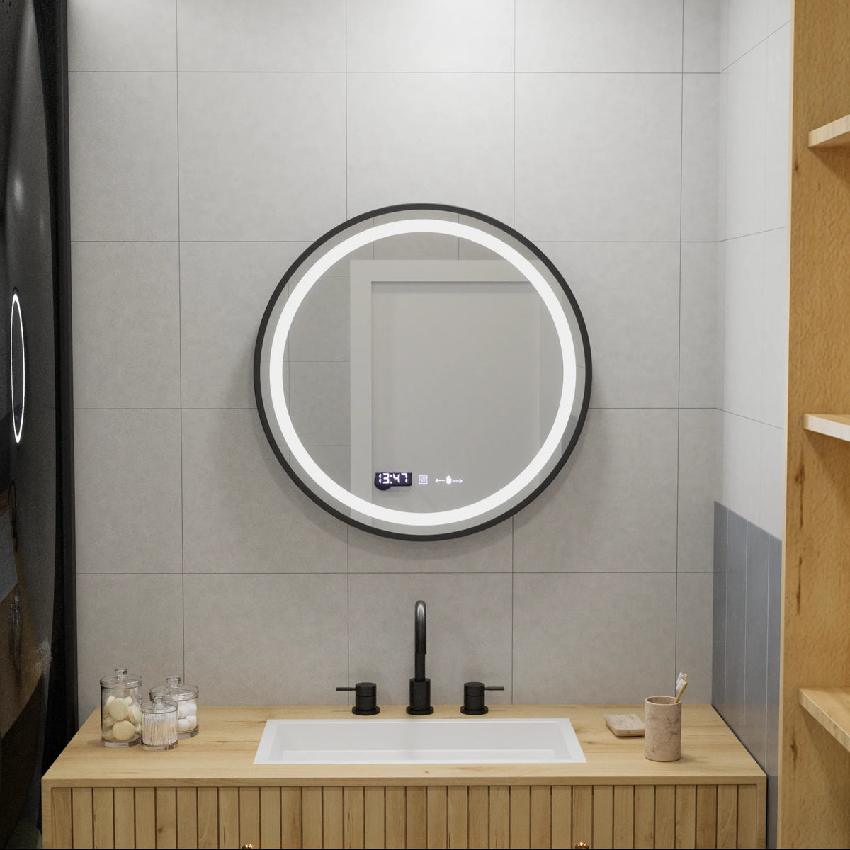 Oglinda LED Rotunda, 60cm, Celeste Majesté Noir MotionGlow Marcello, Sistem Dezaburire, Ceas & Termometru, Dimabila