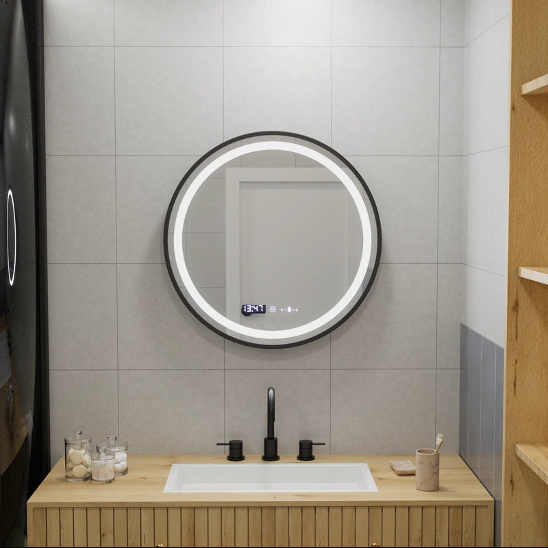 Oglinda LED Rotunda, 60cm, Celeste Majesté Noir MotionGlow Marcello, Sistem Dezaburire, Ceas & Termometru, Dimabila-1