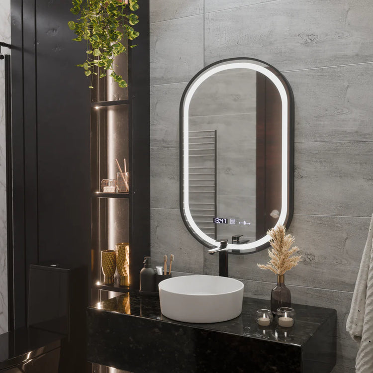 Oglinda LED Senzor Helmut Sistem Dezaburire, Ceas si Temperatura 50x80 cm Rama Negru Brushed Marcello Funghi