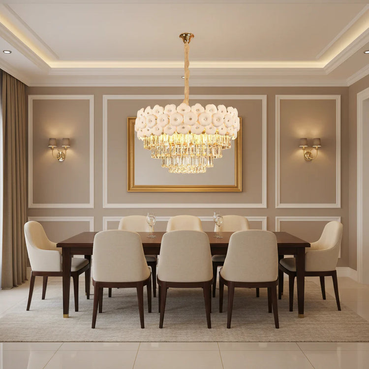 Candelabru Cristal PETAL Magno 13xE14, D60 cm, Auriu, Inaltime Reglabila, Metal si Cristal
