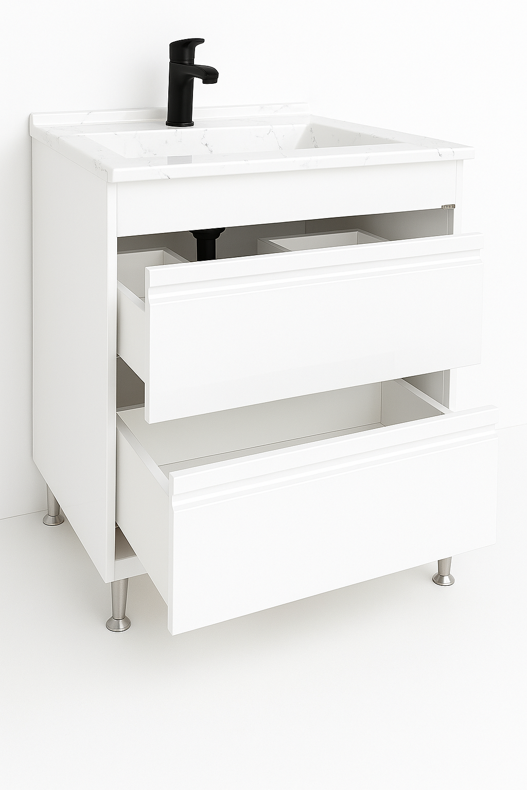 Mobilier Baie MDF și lavoar granit, Seria 486, Sertare, 60cm, Alb