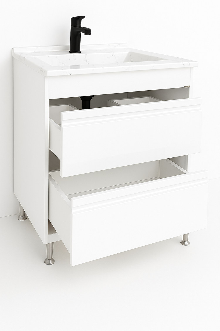 Mobilier Baie MDF și lavoar granit, Seria 486, Sertare, 60cm, Alb