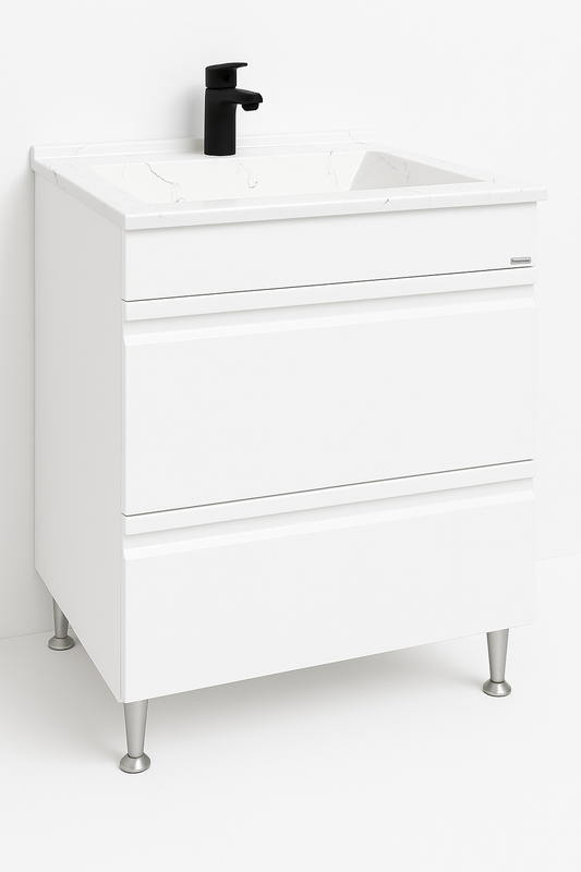 Mobilier Baie MDF și lavoar granit, Seria 486, Sertare, 60cm, Alb