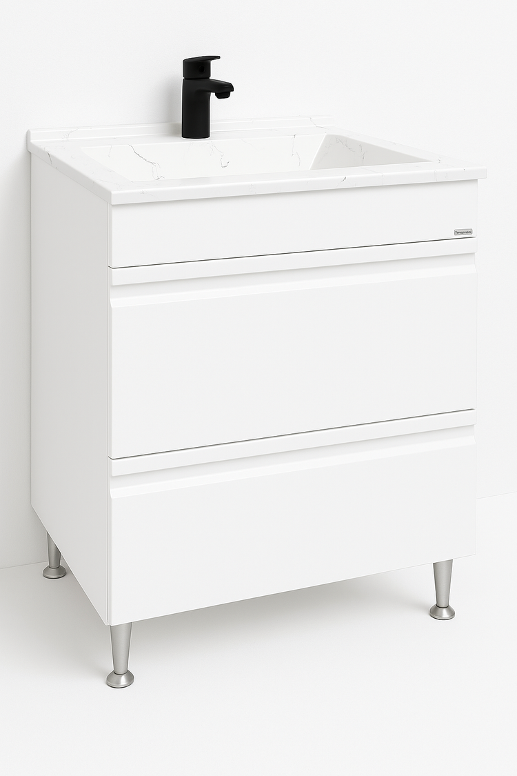Mobilier Baie MDF și lavoar granit, Seria 486, Sertare, 60cm, Alb
