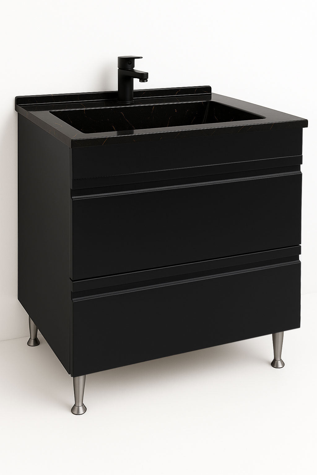 Mobilier Baie MDF și lavoar granit, Seria 486, Sertare, 80cm, Negru