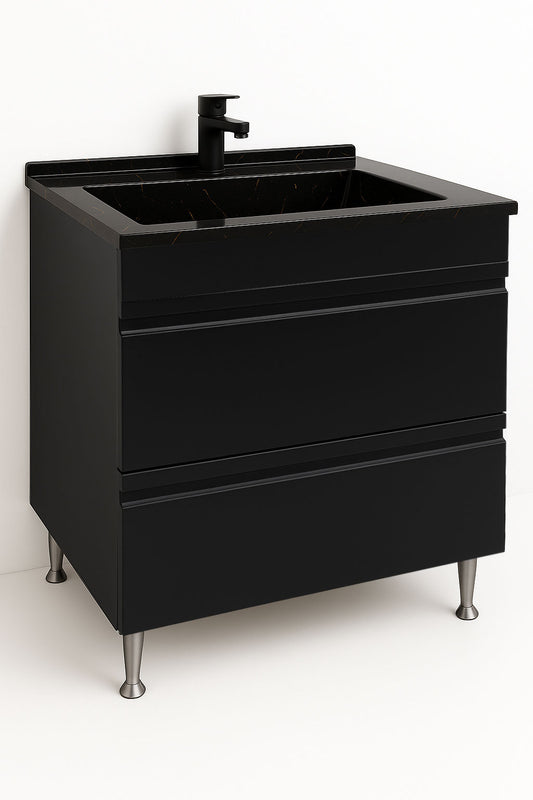 Mobilier Baie MDF și lavoar granit, Seria 486, Sertare, 80cm, Negru