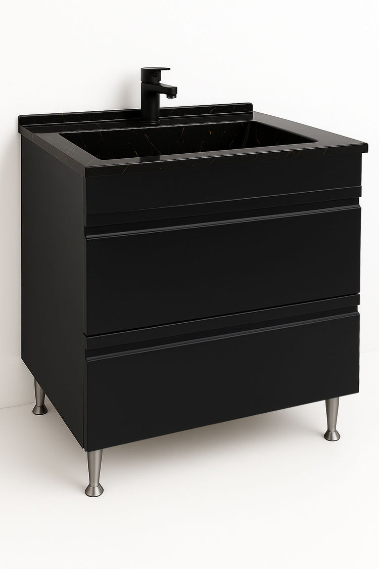 Mobilier Baie MDF și lavoar granit, Seria 486, Sertare, 80cm, Negru