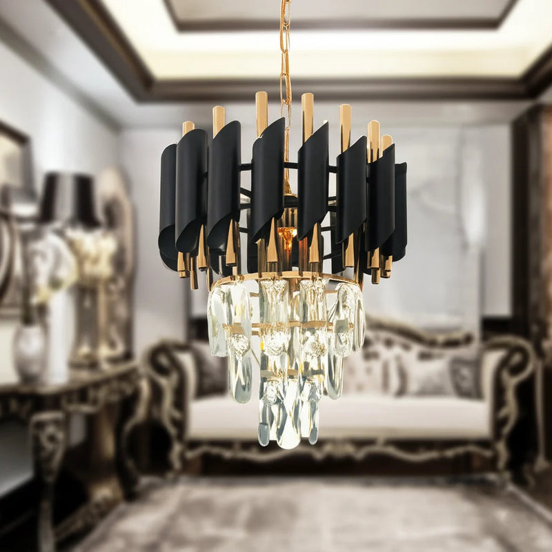Candelabru Cristal VERSAILLES Petito 3xE14, Diametru 30cm, Auriu Lucios si Negru, Inaltime Reglabila-1