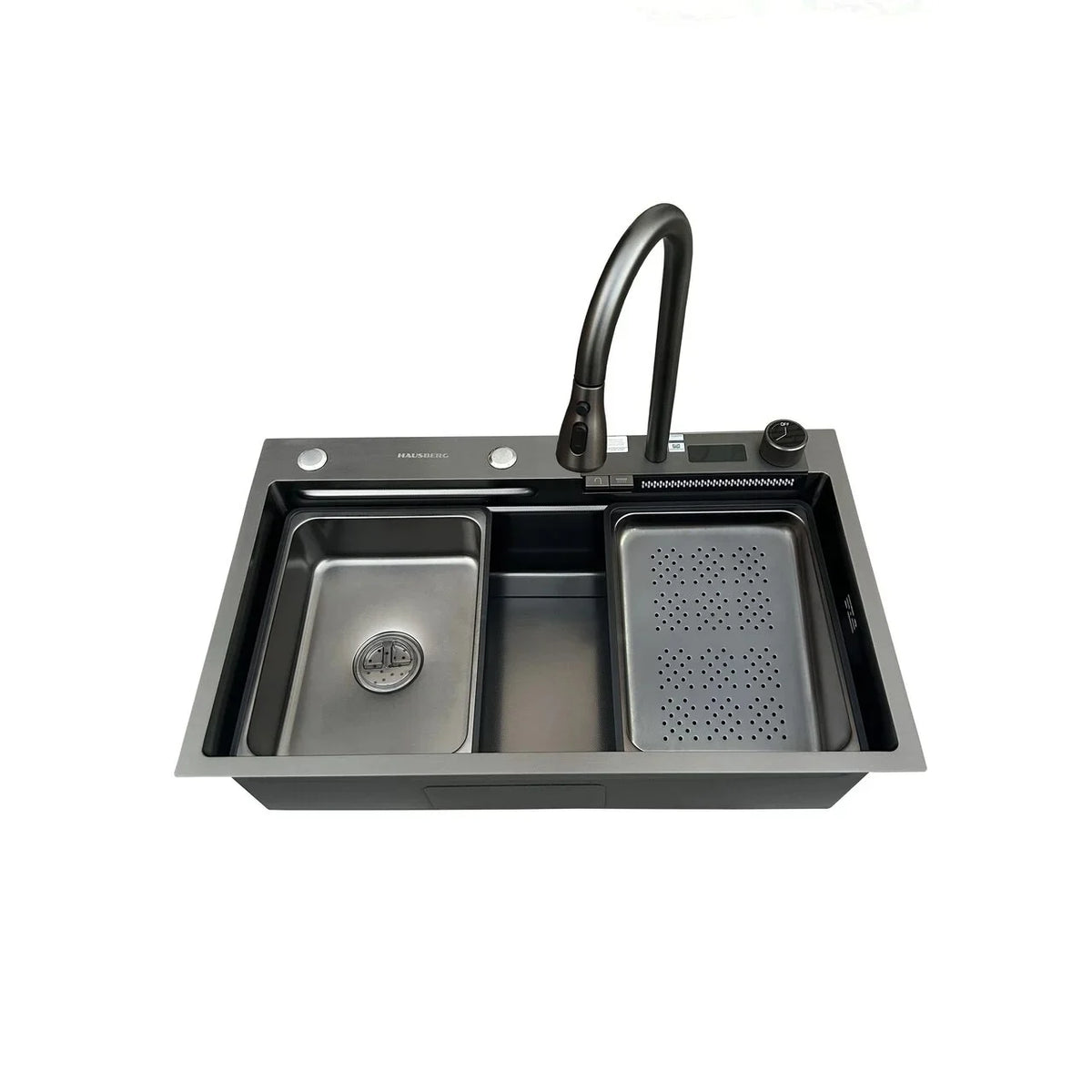 Chiuveta multifunctionala, bucatarie, otel inoxidabil, baterie dubla, accesorii incluse, scurgere cu tocator, Hausberg HBC-9950NG - La Cucu
