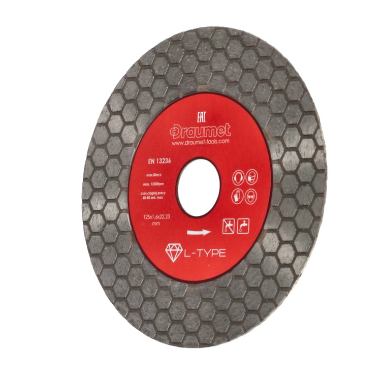 Disc profesional fagure pentru taiere ceramica dura, gresie portelanata, piatra naturala 125x1.6mm Draumet