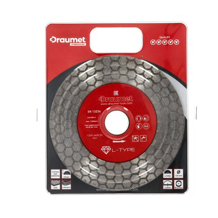 Disc profesional fagure pentru taiere ceramica dura, gresie portelanata, piatra naturala 125x1.6mm Draumet