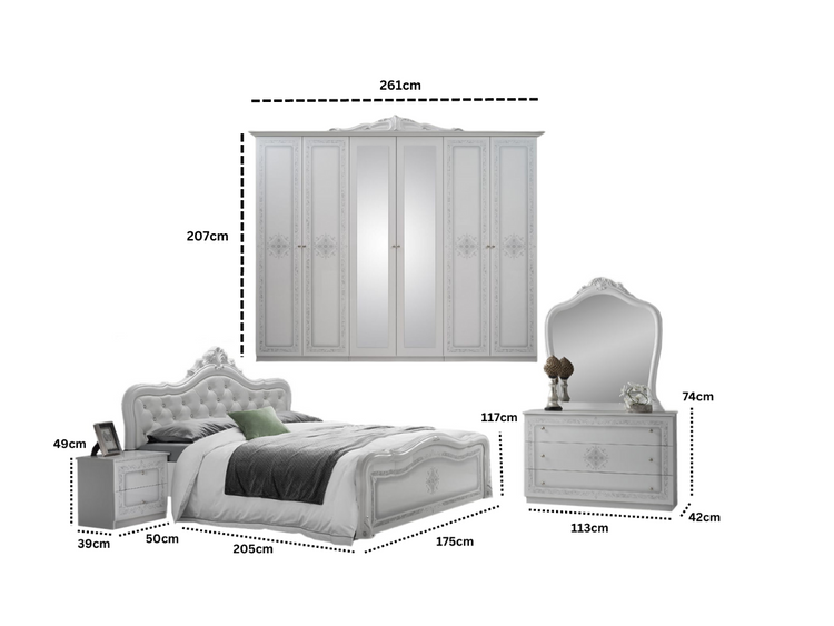 Dormitor Luisa, alb, pat 160x200 cm, dulap cu 6 usi, comoda, 2 noptiere, somiera metalica si saltea incluse