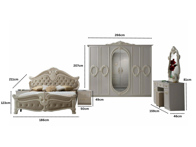 Dormitor Neli, crem, pat 160x200 cm, dulap cu 6 usi, comoda, 2 noptiere, somiera metalica si saltea incluse