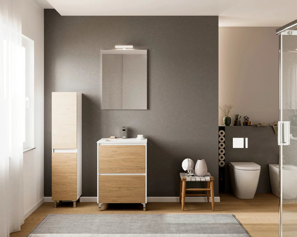 LISABONA 60 - MOBILIER BAIE 60CM ROVERE NATURAL + LAVOAR ALB 60CM