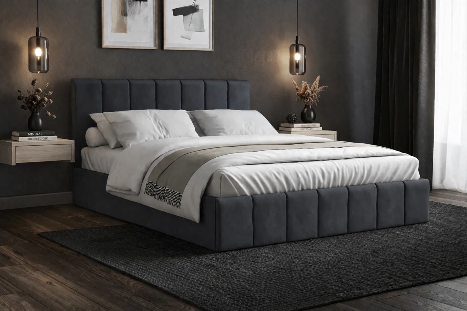 Pat Cozy, 140x200 cm, gri inchis, suport saltea din PAL