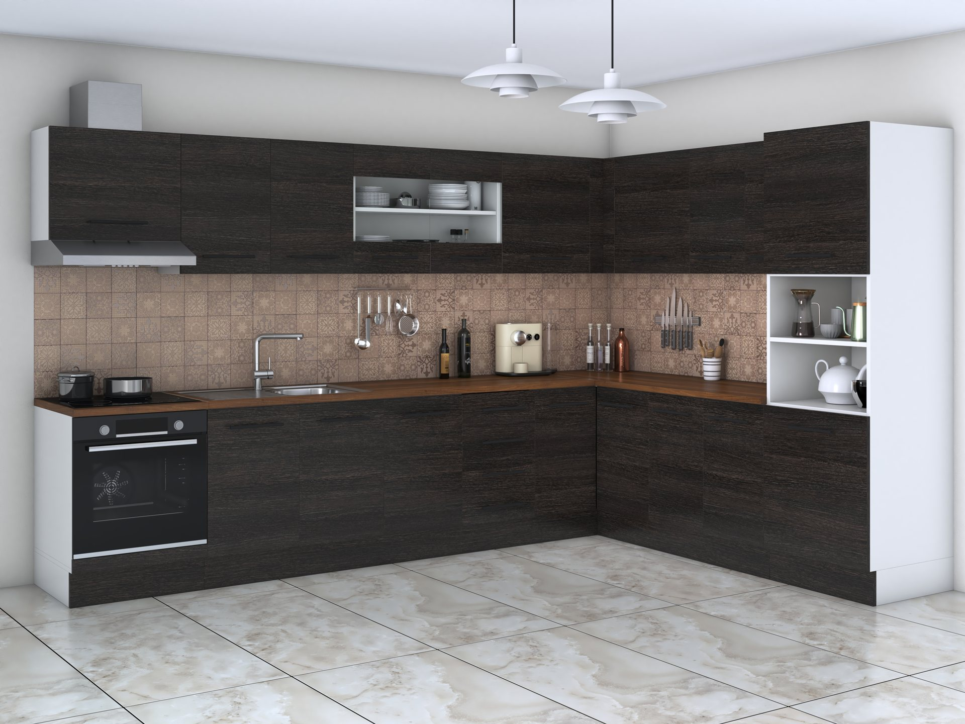 Bucatarie de colt Alfa, Soldat, Corp cuptor, Corp hota, cu vitrina, Blat termic