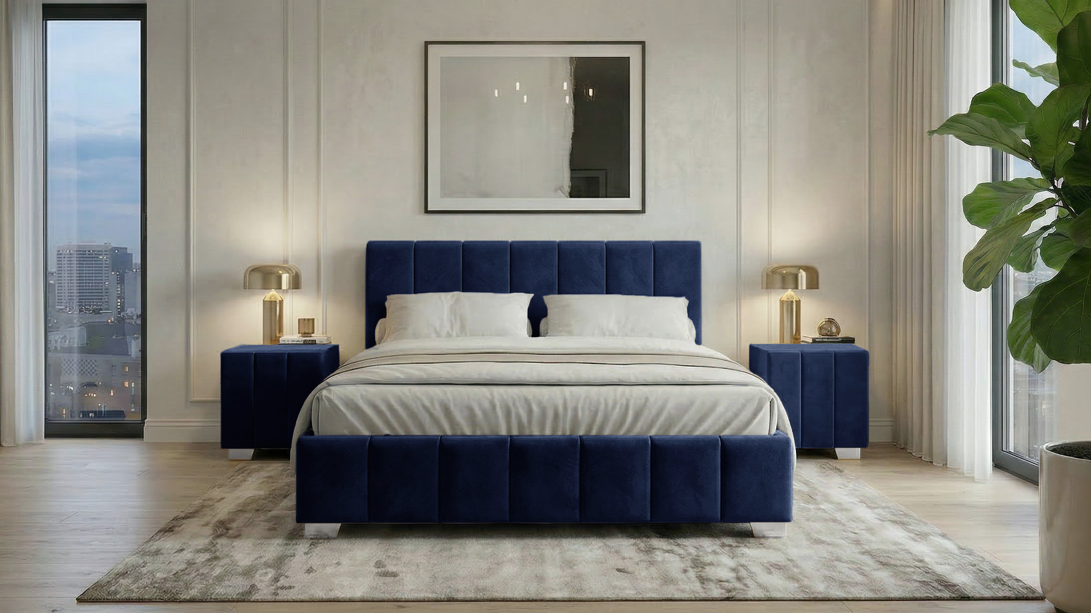 Set pat Cozy, 160x200 cm, suport saltea cu doua noptiere tapitate, gri inchis