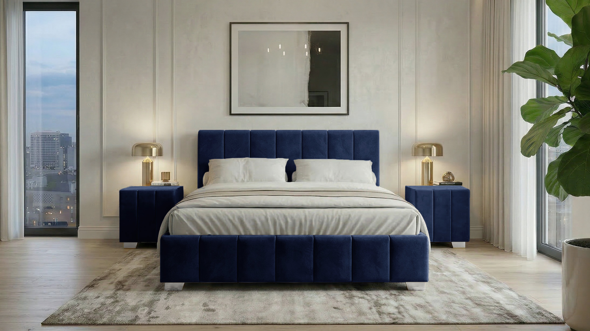 Set pat Cozy, 160x200 cm, suport saltea cu doua noptiere tapitate, gri inchis