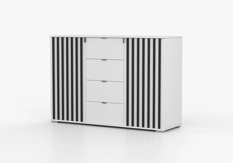 Comoda Verona, 135x96x45 cm, alb cu lamele negre