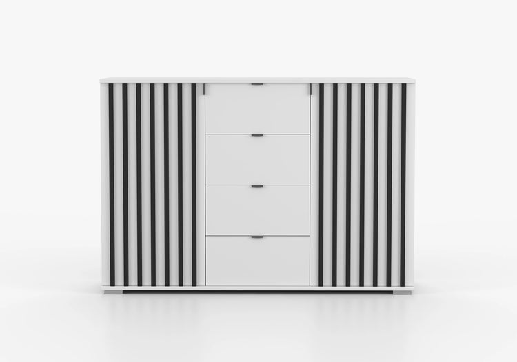 Comoda Verona, 135x96x45 cm, alb cu lamele negre