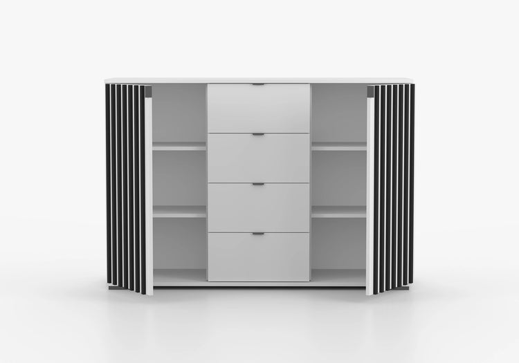 Comoda Verona, 135x96x45 cm, alb cu lamele negre