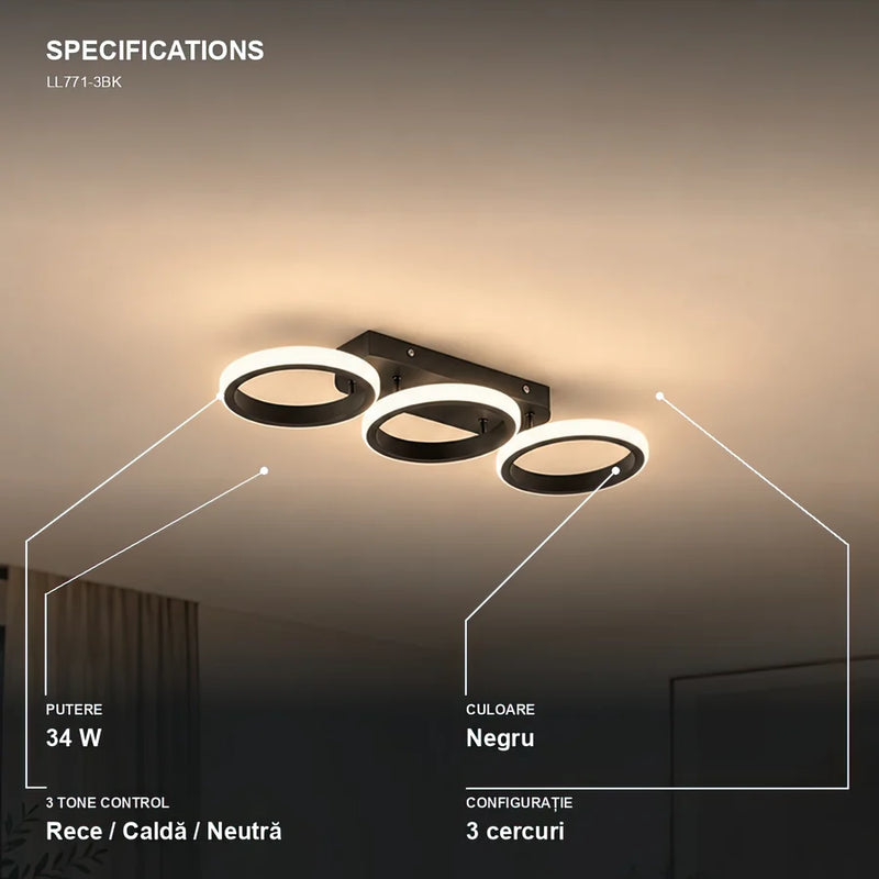 Lustra LED ELIO 34W, 3 Cercuri, Liniara, lumina Rece/Calda/Neutra, Negru-2