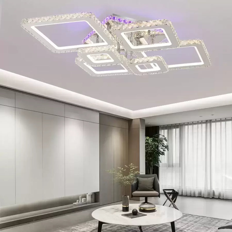 Lustra LED cu telecomanda si cristal NOVA RHOMBA RGB 178W, 6 Patrate, lumina Rece/Calda/Neutra, Dimabila, Crom Lucios-1