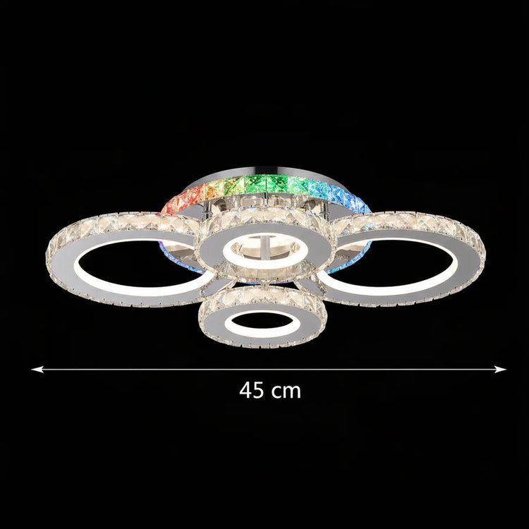 Lustra LED cu telecomanda si cristal NOVA ROTONDA RGB 82W, 4 Cercuri, lumina Rece/Calda/Neutra, Dimabila, Crom