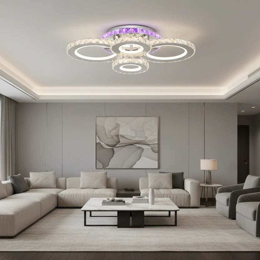 Lustra LED cu telecomanda si cristal NOVA ROTONDA RGB 82W, 4 Cercuri, lumina Rece/Calda/Neutra, Dimabila, Crom