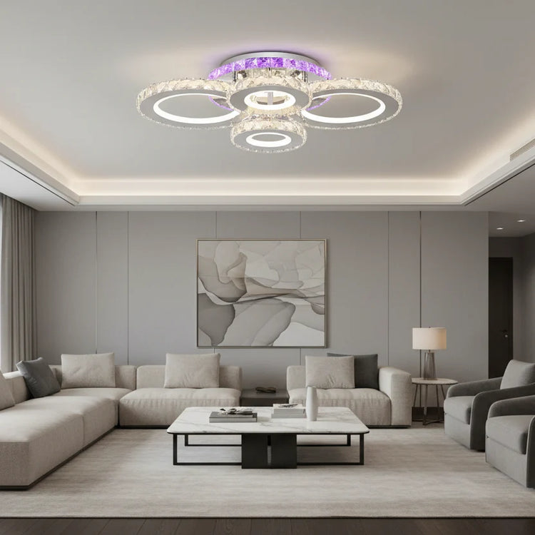 Lustra LED cu telecomanda si cristal NOVA ROTONDA RGB 82W, 4 Cercuri, lumina Rece/Calda/Neutra, Dimabila, Crom