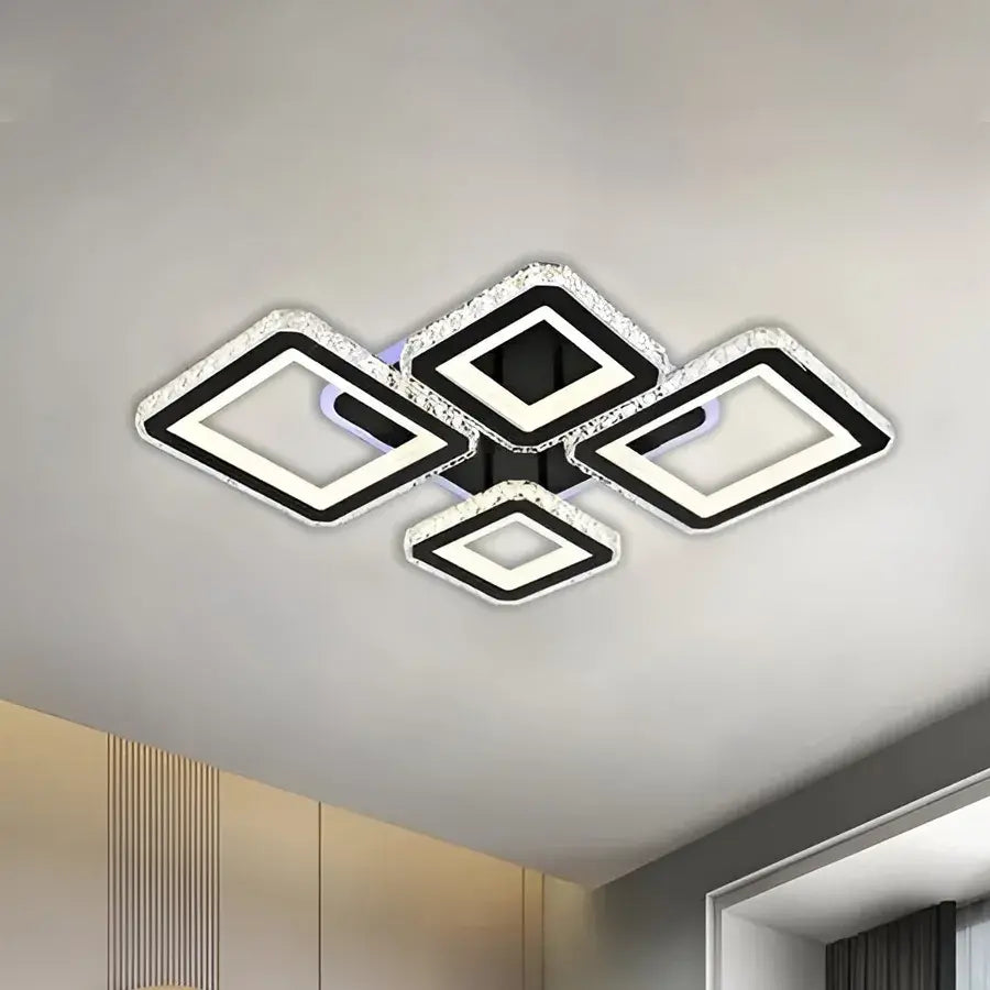 Lustra LED cu telecomanda si cristal QUADRIS RGB 82W, 4 Patrate, lumina Rece/Calda/Neutra, Dimabila, Negru