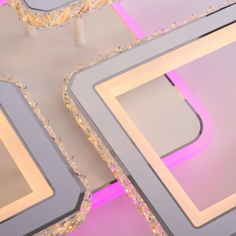 Lustra LED cu telecomanda si cristal QUADRIS RGB, 96W, 4 Patrate, lumina Rece/Calda/Neutra, Dimabila, Alb