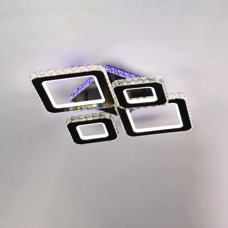 Lustra LED cu telecomanda si cristal TERRANO RGB 162W, 4 Patrate, lumina Rece/Calda/Neutra, Dimabila, Negru