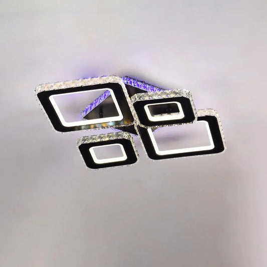 Lustra LED cu telecomanda si cristal TERRANO RGB 162W, 4 Patrate, lumina Rece/Calda/Neutra, Dimabila, Negru