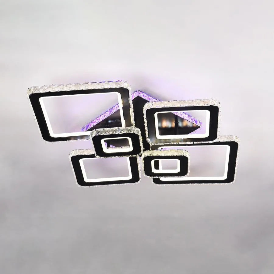 Lustra LED cu telecomanda si cristal TERRANO RGB 288W, 6 Patrate, lumina Rece/Calda/Neutra, Dimabila, Negru